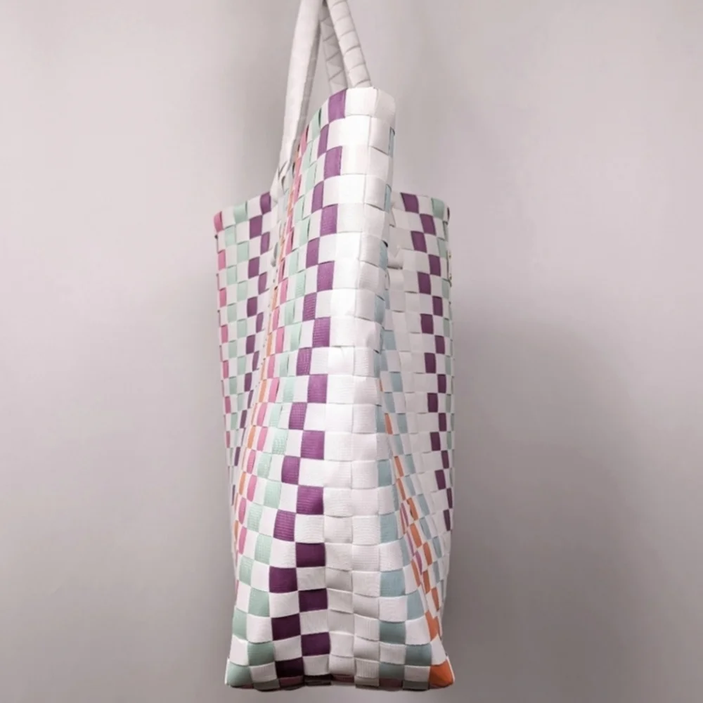 Kate Spade Multicolor Woven Tote Checkerboard Pastel Brights Striped Beach Bag L